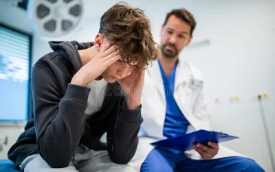 depressed-teenage-boy-patient-sitting-hospital-bed-talking-caring-doctor-435575240